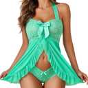 Avidlove Lingerie for Women Sexy Halter Lace Babydoll Dress Open Front Chemise Boudoir Nighty XS-5XL (Mint Green)