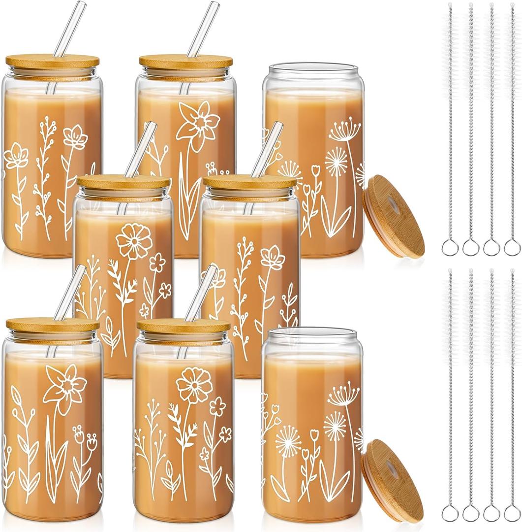 Mumufy 8 Pack Bridesmaid Glass Tumbler Gifts Boho Floral 16oz Iced Coffee Cups with Bamboo Lids and Straws Elegant Bridal Party Proposal and Wedding Shower Gifts