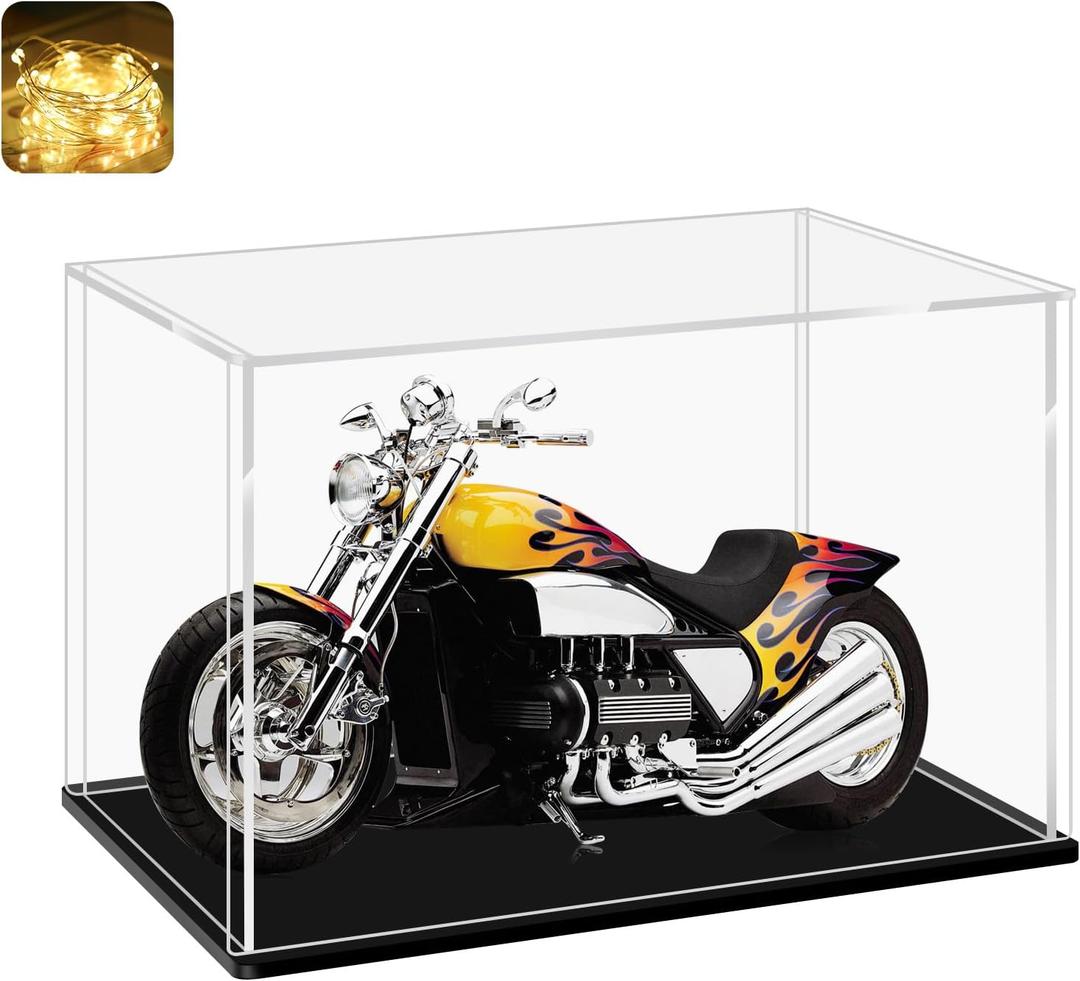 LANSCOERY Acrylic Display Case, 7x4.7x4.7 in, Upgraded Thickened UV-Resistant Showcase, 98% Clarity Dustproof Box with Glossy Black Base for Action Figures, LEGO & Models, Scraper & LED Light