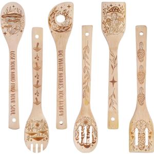 GLOBLELAND 6Pcs Mushroom Bamboo Cooking Utensils Wooden Engraved Cooking Spoons Set Carving Kitchen Bamboo Spatula Set for Women and Men Wood Cooking Spoon for Kitchen House Warming Gift