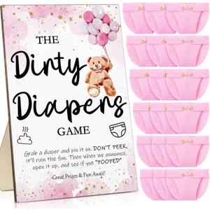 Roowest 51 Pcs Dirty Diaper Baby Shower Games Funny Wooden Sign with 50 Pcs Mini Diapers Cute Felt for Gender Reveal Party Baby Shower(Pink Bear)