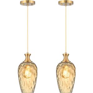 Glass Pendant Lights Kitchen Island 2 Pack, Gold Vintage Pendant Light Fixtures with Hand-Blown Hammered Amber Glass, Farmhouse Modern Brass Hanging Light for Kitchen Sink Dining Room Bedroom