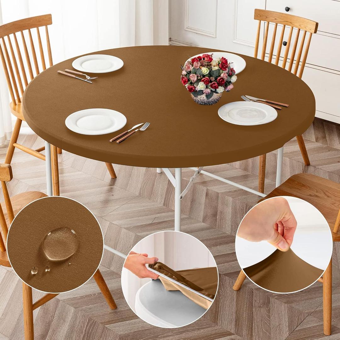 ManMengJi Brown Fitted Table Cover for Round Tables, 2 Pack Reversible Stretch Tablecloth, Waterproof Stain Resistant Table Cover for Outdoor/Indoor Use, Fits Round Tables up to 32" - 36" Diameter