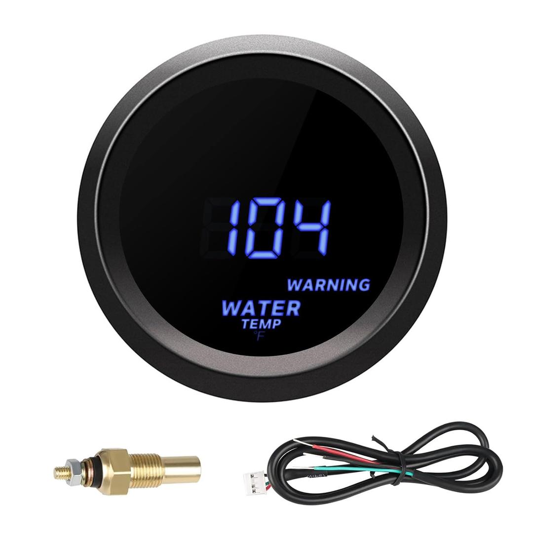 2" 52mm Digital Water Temperature Gauge with Blue LED & Alarm, 1/8" NPT Sensor, 104-302F Range for 12V Car, Truck, SUV, Motorcycle, Boat