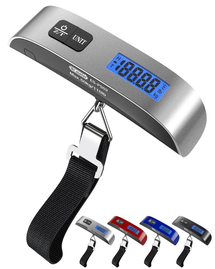Luggage Scale Dr.meter Travel Essentials Luggage Weight Scale Backlight LCD Display 110lb/50kg Electronic Balance Digital Postal Travel Accessories with Rubber Paint Handle Temperature Sensor Silver
