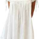 Women Square Neck Babydoll Mini Dress Y2k Puff Sleeve Flowy Short Dress Loose Bow Tie Ruffle Trim Going Out Sundress (White)
