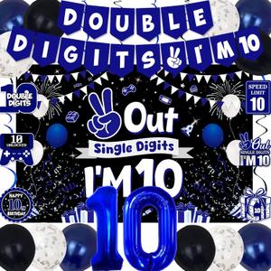 10th Birthday Decorations for Boys Girls, Blue Black Out Single Digits I'm 10 Birthday Party Decorations, Double Digits I'm 10 Banner, Foil Balloons 10, Banner, Balloons, Hanging Swirl, Birthday Card