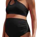 DEBELLY Maternity Swimsuit Cutout One Shoulder Bikini Set 2 Piece Bathing Suits with Adjustable Tie and High Waist Bottom (Black, L)