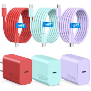 Compatible with iPhone 17 16 15 Fast Charger,Type C Charger Block,USB C Wall Charger Block with 3Pack 10ft USB C to C Charging Cable Compatible with iPhone 17/16/Pro/Plus/15/Pro/Pro Max,Samsumg Galay (red-purple-green)