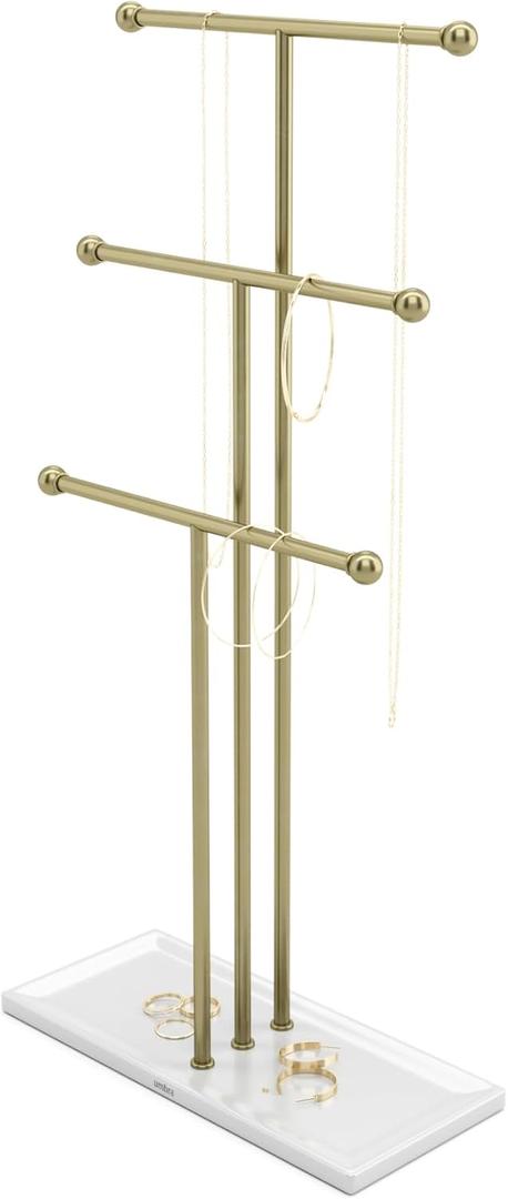 Umbra Trigem Hanging Jewelry Organizer Tiered Tabletop Free Standing Necklace Holder Display, White/Gold