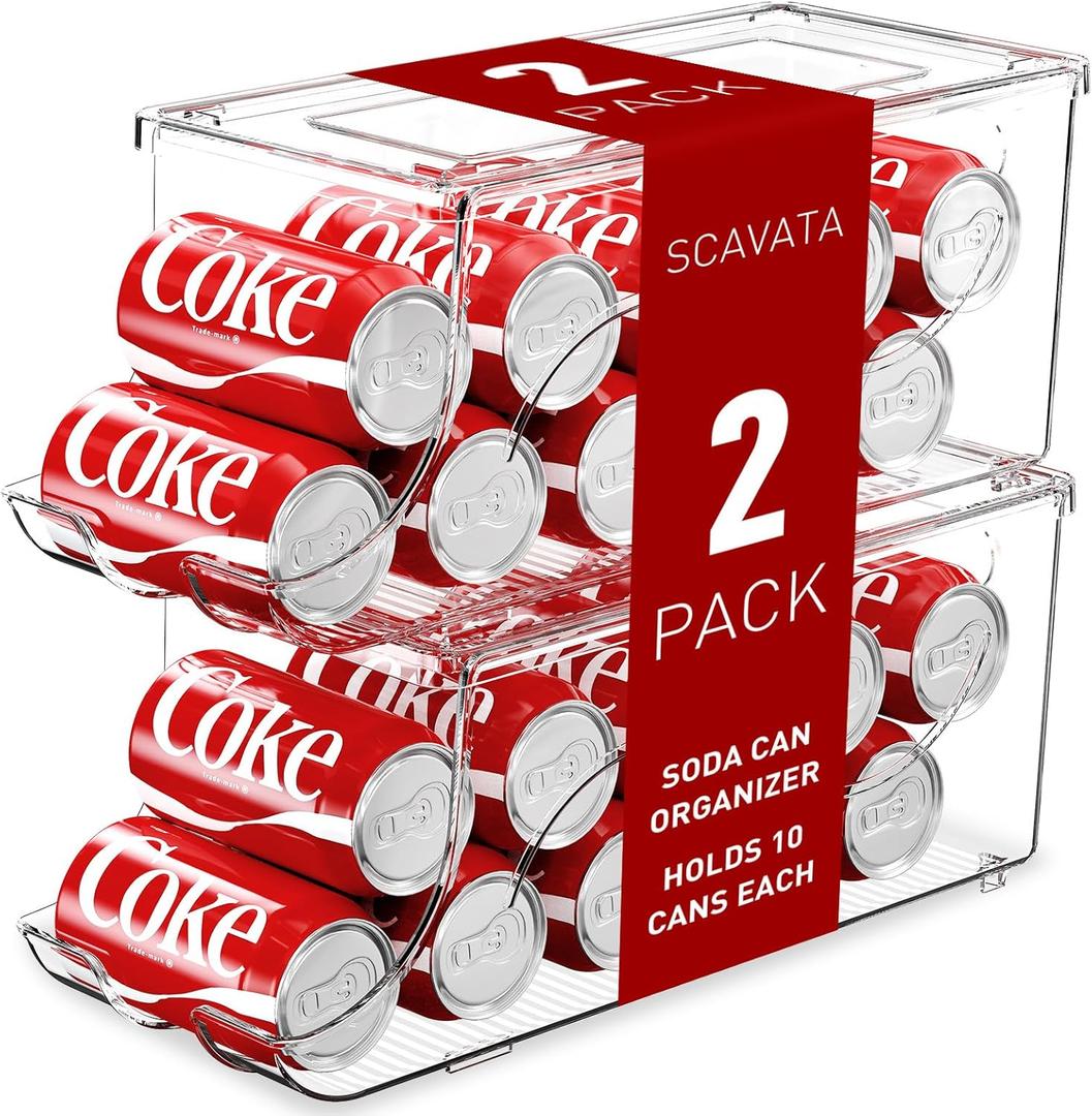 SCAVATA 2 Pack Stackable Refrigerator Organizer, Soda Can Dispenser Pop Cans Container Beverage Holder with Lid for Fridge, Freezer, Kitchen, Clear Plastic Storage BinsHolds 10 Cans Each