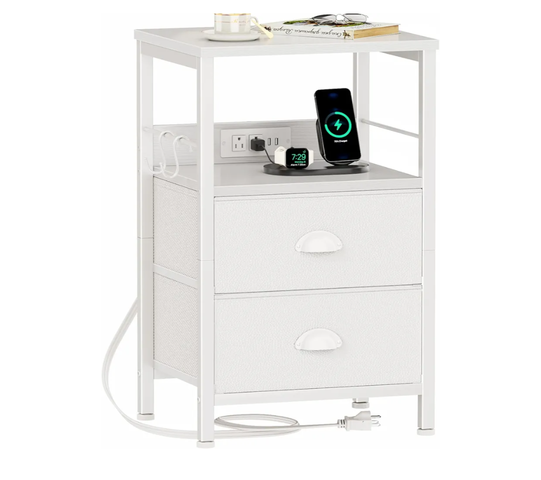 Furologee End Table with Charging Station, Nightstand with Fabric Drawers, Side Tables with USB Ports & Outlets, Night Stand with Storage Shelf & Hooks, for Living Room/Bedroom, White