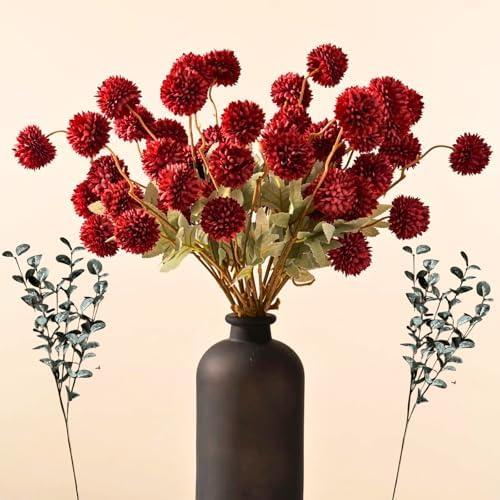 RyddeligHome Faux Red Flowers Artificial 10 Long Stems + Eucalyptus, Burgundy Colored Silk Mum Flowers for Decor, Fall Table Centerpieces, Dark Red Faux Mums