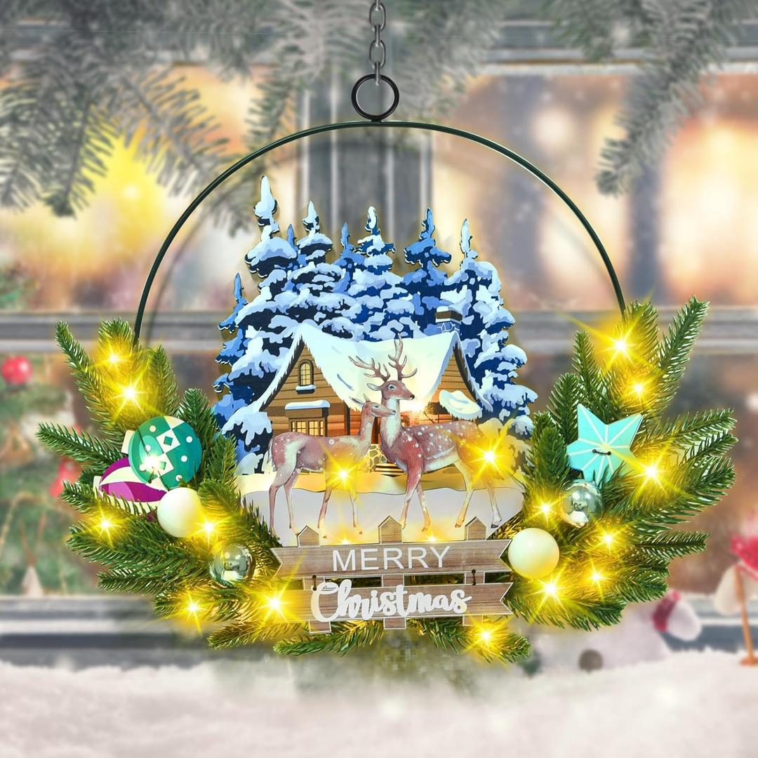 Light up Christmas Wreaths for Front Door, Welcome Metal Wooden Door Wreath Decor Hanging Sign, 30 LED Lighted Wall Decor Battery Operated for Christmas Indoor Outdoor (Deer)