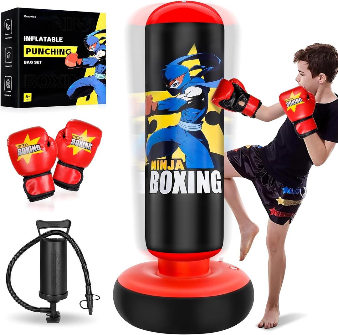 Punching Bag for Kids, Kids Boxing Set with Boxing Gloves 66" Large Inflatable Punching Bag,Gifts for Boys & Girls Age 5-12 for Practicing Karate, Taekwondo (Black)