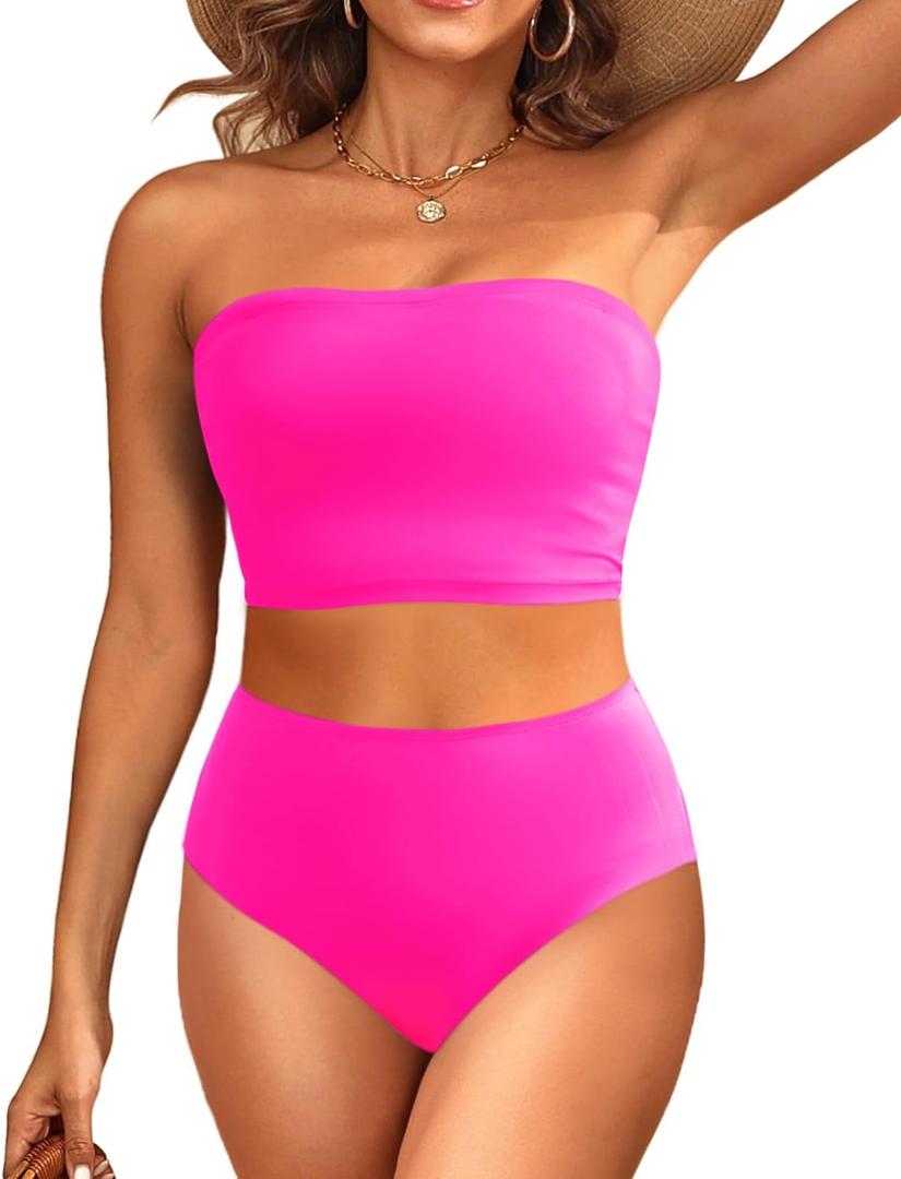 Tempt Me Women Bandeau Bikini Set Strapless High Waisted Two Piece Swimsuit Longline Bathing Suits (Small, Hot Pink)