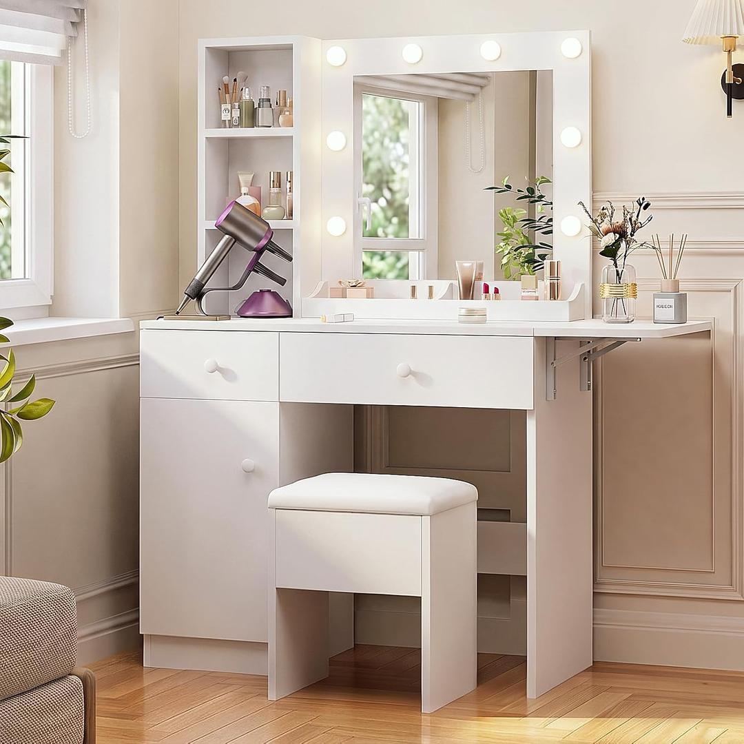 Haewon White Makeup Vanity Desk with Lighted Mirror and Storage Chair