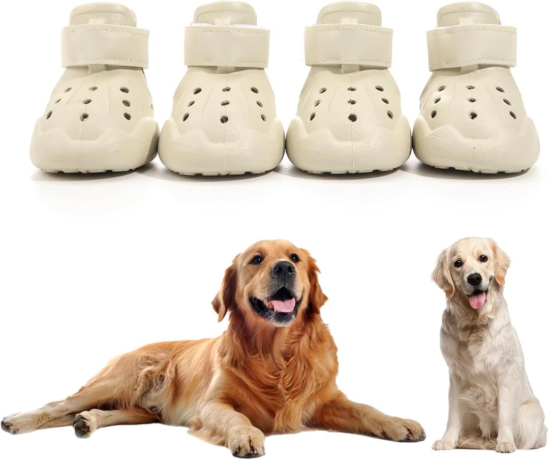 Dog Shoes, Dog Sandals for Hot Pavement, Non-Slip Waterproof Dog Booties for Winter Snowy Day and Summer, Adjustable Straps Easy-Clean Beach Outdoor Pet Boots Rugged Sole- 4Pcs Beige Size 4