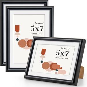 Fun Memories 5x7 Picture Frame (Set of 3), 5x7 Photo Frames with 4x6 Removable Mat, High Definition Plexiglass, Vertical and Horizontal Display, Wall Hanging Photo Frame, Black