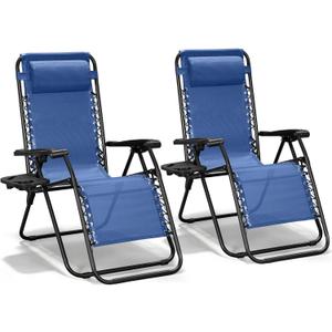 Zero Gravity Chairs Set of 2, Adjustable Lounge Chair Outdoor Recliner, Folding Reclining Lawn Chair, Anti Gravity Chair with Pillow & Cup Holder for Pool Camping Sunbathing Beach Patio (Blue)