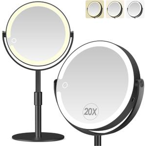 Led Makeup Mirror with Lights, 20X Magnifying Mirror, Rechargeable Magnified Makeup Mirror with 360Rotation & Height Adjustable, Detachable Vanity Mirror(Black)