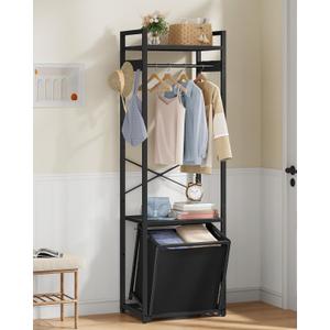 Hoctieon Coat Rack with 35L Tilt Out Basket, Clothes Garment Rack with Dual Shelves & Side Hooks, X-Shaped Sturdy Structure Freestanding Hall Tree Laundry Hamper for Bedroom Laundry Room Bathroom