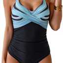 B2prity Women's One Piece Swimsuits Tummy Control Front Cross Bathing Suits Tie Back Slimming V Neck Swimwear, Large