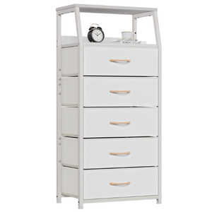 Furnulem White Dresser with 5 Drawers, Vertical Storage Tower Fabric Dresser for Bedroom, Hallway, Entryway, Nursery, Closet Organizer, Nightstand Bedside Table Furniture, Sturdy Steel Frame, Wood Top