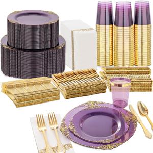Nervure 350PCS Purple Plastic Plates - Purple Plastic Dinnerware Sets for 50 Guests - 100 Disposable Plate, 150 Gold Silverware, 50 Cups, 50 Napkins for Wedding & Party