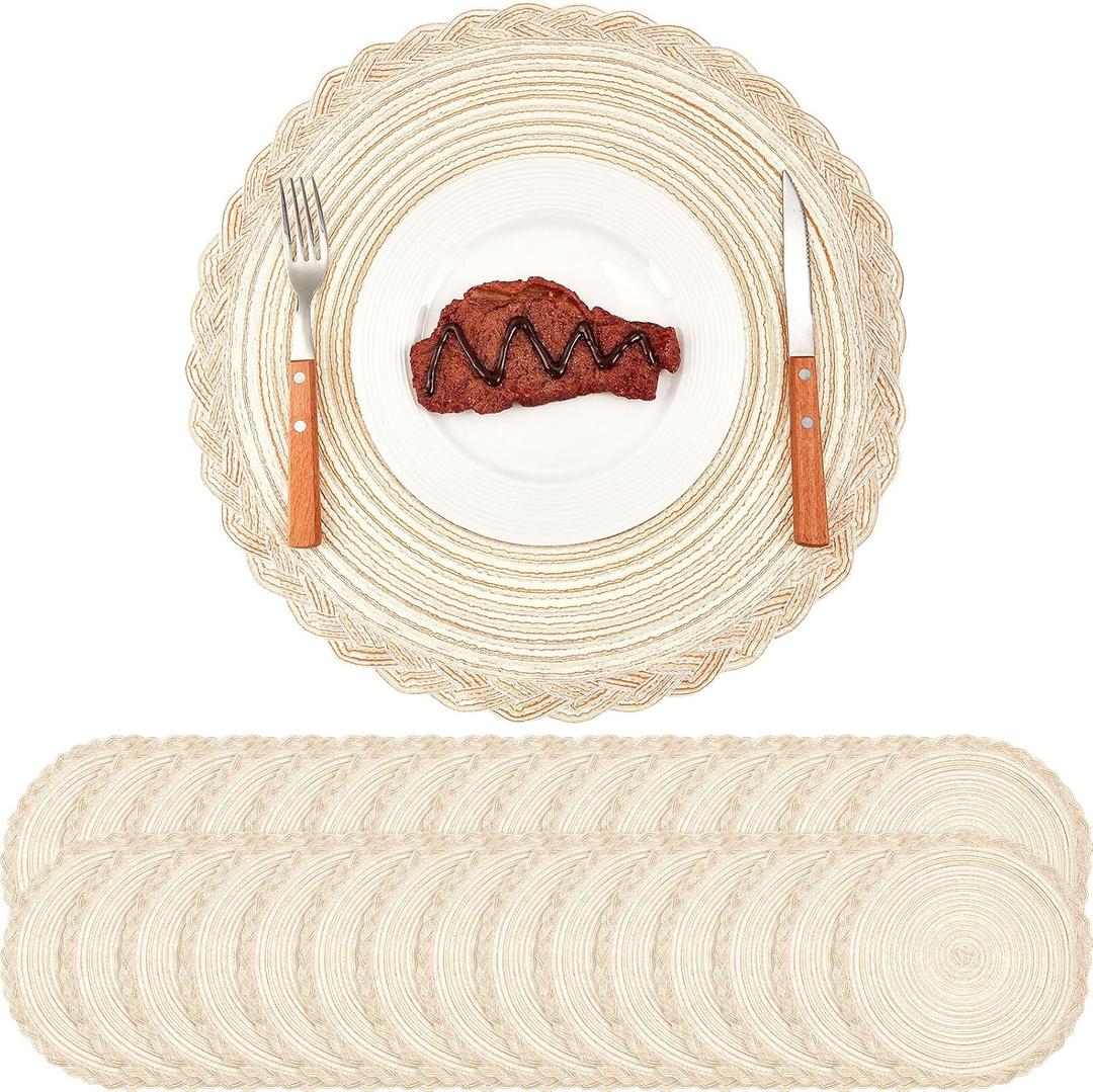 Tioncy Set of 30 Large 15 inch Round Braided Placemats Boho placemats Bulk Washable Fabric Cotton Heat Resistant Round Kitchen Table Mats Circle Nonslip Table Mats (Beige)