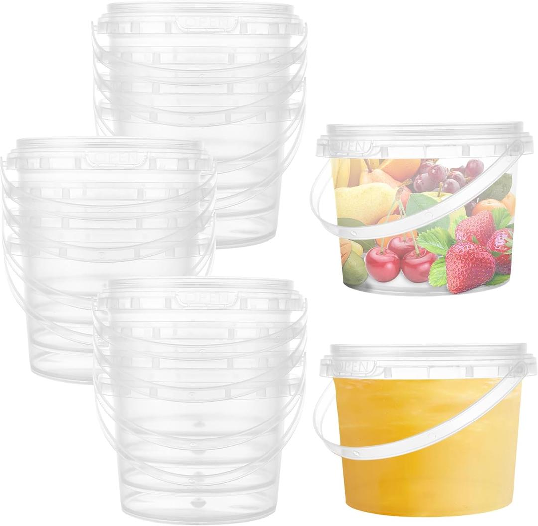 ZOFORTY 80PCS 10 oz Clear Buckets with Lid, Plastic Ice Cream Buckets with Lids and Handles, Drink Rum Buckets for Parties, Plastic 300ml Food Storage Container for Snacks Deli Fruits