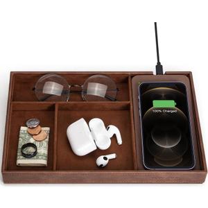 Valet Tray, Built in Wireless Charging Pad, Nightstand Organizer, Dresser Organizer, Mens Jewelry Box, Valet Charging Station, Faux Leather Valet Tray for Men and Women, Brown