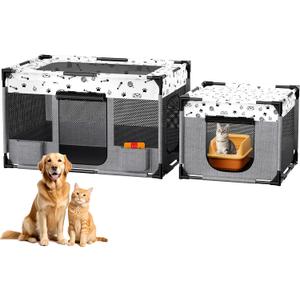 Portable Cat Playpen, Pet Dog Playpen, Kitten Puppy Play Pen for Indoor/Outdoor, Collapsible Cats Cages Enclosed Tent with Carrying Case, PVC Pipe Frame, 600D Oxford, 39" x 24" x 22"