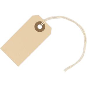 100 Small Manila Paper Tags with String - #1, 2 3/4 x 1 3/8 - Hang Shipping Labels with String Attached and Reinforced Hole, Pre-Strung Tags