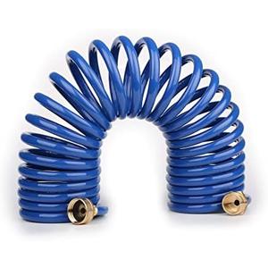 FUNJEE EVA Coil Garden Hose for Gardener: Retractable Self Coiling Hoses with 3/4" GHT Solid Brass Fittings - Kink Free and Flexible for Home and Garden Yard (25FT, Blue)