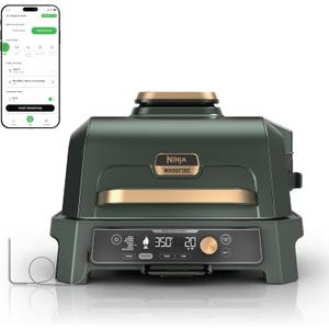 Ninja Woodfire ProConnect Premium XL Outdoor Grill & Smoker, Green & Gold | Ninja Woodfire ProConnect 7-in-1 Grill has 180 sq in of space, and an app-connected thermometer for foolproof BBQ smoking