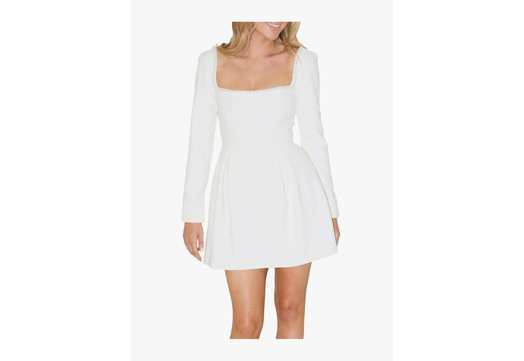 Women's Long Sleeve Mini Dress Pearl Square Neck Ruffle Hem Short Dress Bride Party Club Elegant Dresses XL