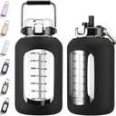 MUKOKO 100oz Glass Water Bottle with Time Marker and Silicone Sleeve 3L Large Water Jug with Stainless Steel Handle Gallon Drinking Bottle with 2in1 Lid Wide Mouth BPA Free, Black