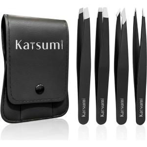 2 x Katsumi Pinnacle 4-Piece Tweezers Set  Precision Stainless Steel Tweezers for Eyebrows, Facial Hair, Ingrown Hair, Splinters, Hair removal Tweezer for Men & Women, Professional Tweezer Kit (Black)