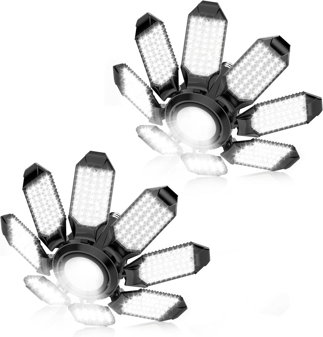Garage Lights - 2 Pack Ultra Bright Garage Lights Ceiling Led w/ 8 Deformable Panels 6500K Led Light Bulbs Srew in E26/E27 Socket with Adjustable Center Spotlight for Barn Workshop Attic