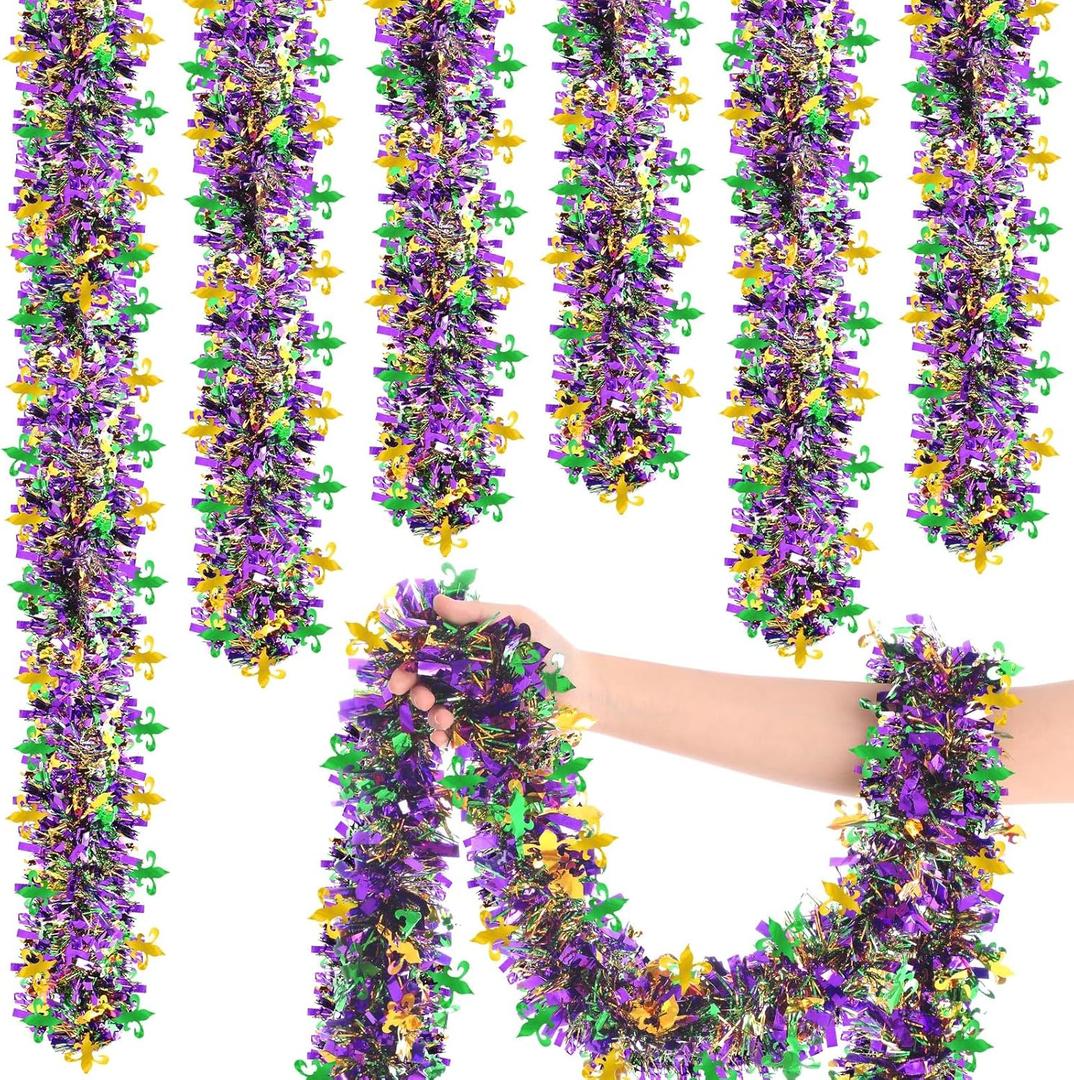 Suncalla 9 Pcs 180 ft Mardi Gras Tinsel Garland Decoration for Outdoor Green Purple Gold Metaliic Mardi Gras for Table Mantle Tree Carnival Party Window Clings Indoor Ornament