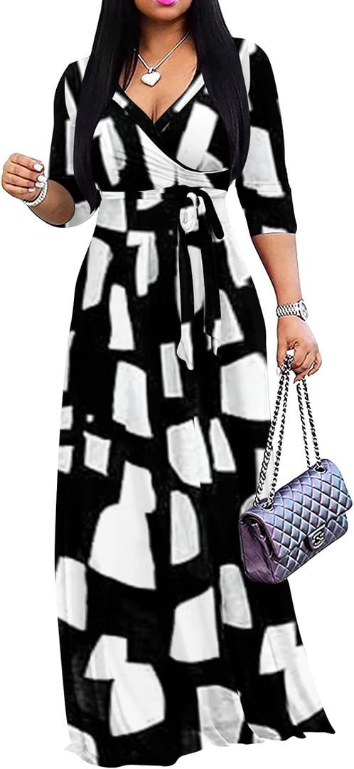Yajedo Womens Casual Summer Maxi Dress Plus Size Sexy Wrap V Neck 3/4 Sleeve Sundress with Pockets (XXL)