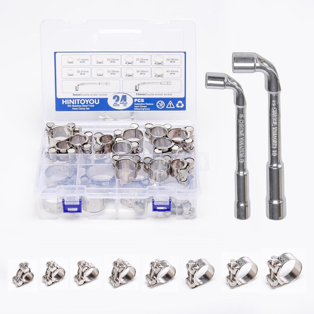 T-Bolt Hose Clamps 24Pcs Fuel Line Clamps Working Range 17-43mm 304 Stainless Steel Heavy Duty Hose Clamps Intercooler Pipe Clamp with Two L-Wrenchs