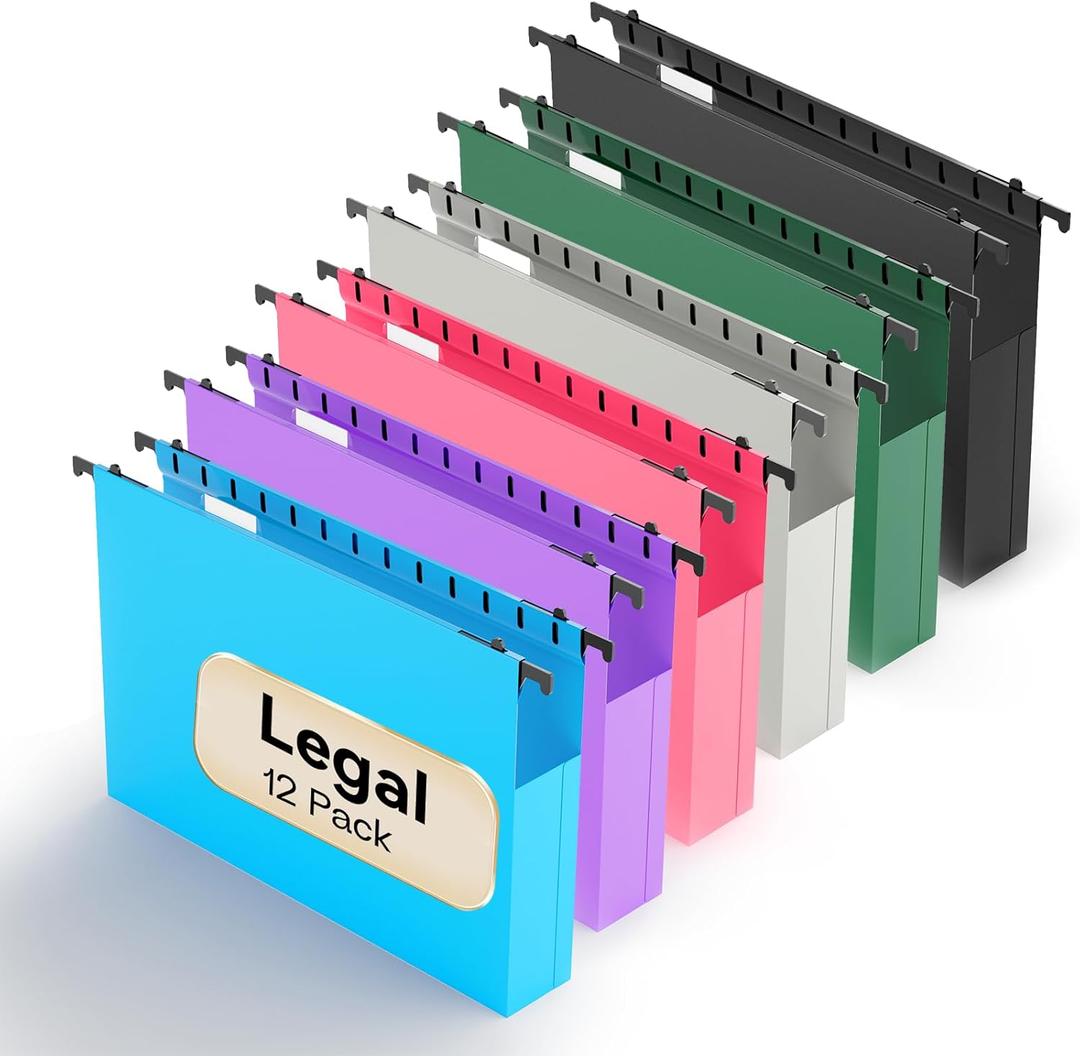 Plastic Extra Capacity Legal Size Hanging File Folders,12 Pack Reinforced Legal Hanging Folders Expandable,Heavy Duty 2 Inch Expansion with Tabs,Filing Cabinet Folders for Bulky Files-Colorful (2" Expansion-assorted Colors)