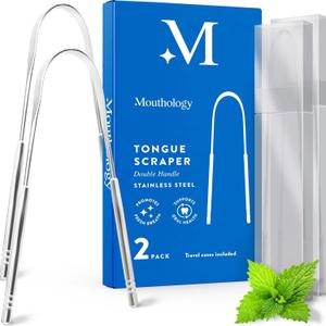 Mouthology Tongue Scraper (2 Pack), Reduce Bad Breath (Travel Cases Included), Stainless Steel Tongue Cleaners, Metal Tongue Scraper, Tongue Scraper for Adults - Fresher Breath in Seconds