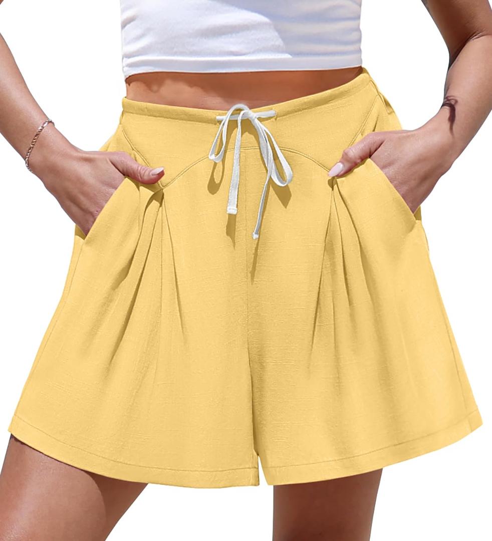 TARSE Womens Linen High Waisted Shorts with Pockets (Yellow, XL)