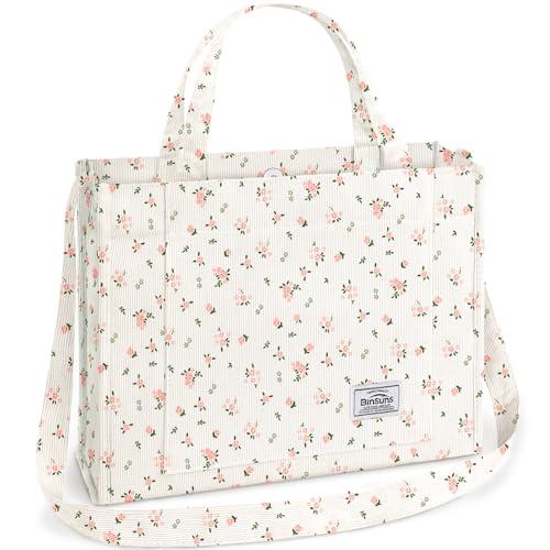 BINSUNS Corduroy Tote Bag for Women - Large Satchel Bag Tote Bag Aesthetic Crossbody Bag Handbag - School Work Travel Shopping Beach(Large- Pink Flower)