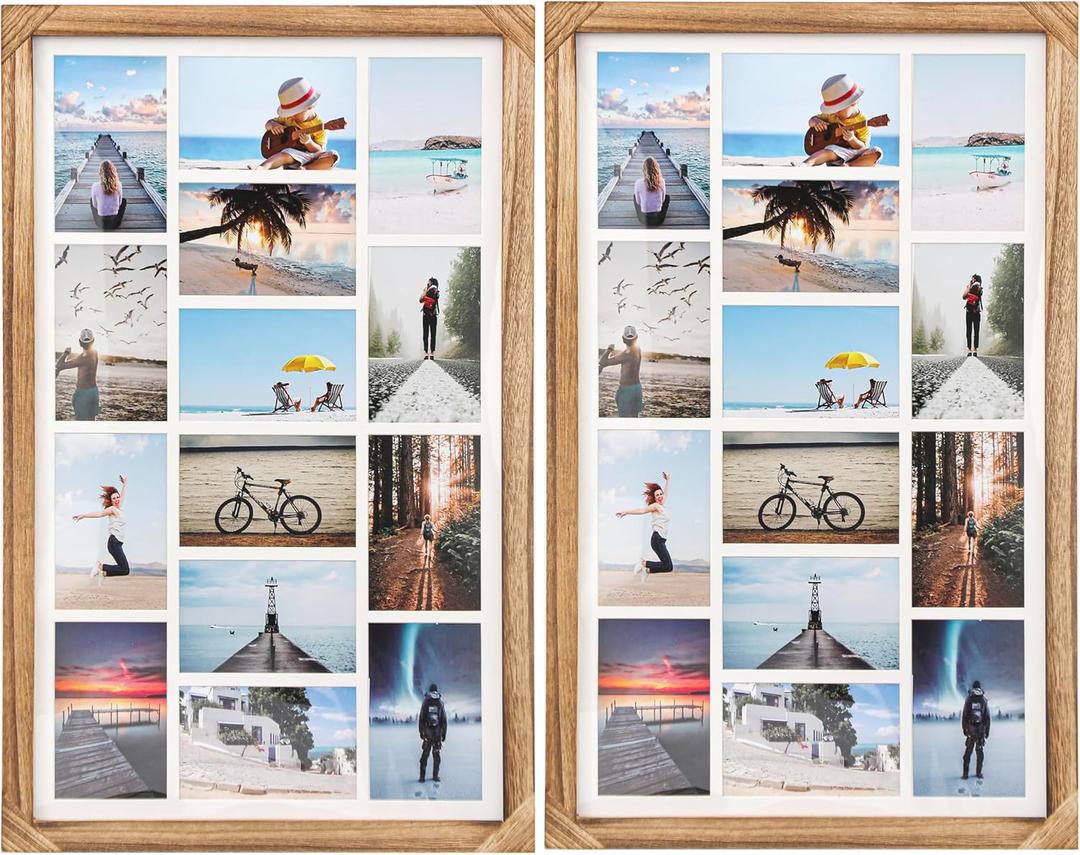 27x17 Inch Large Wood Collage Picture Frames Set of 2,14 Opening 4x6 Multiple Picture Frame with Mat,Display Photos(Carbonized Brown)