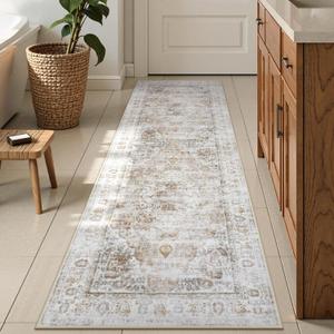 Uphome Bathroom Runner Rug, Distressed Tribal Farmhouse Light Khaki Bathroom Mat, Large Bathroom Rugs Non Slip Washable, Oriental Retro Boho Bath Mat Runner for Bathtub Sink Hallway, 24x59 inch