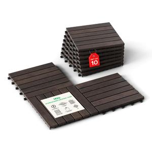 Idzo Interlocking Deck Tiles 9.6 SQFT - 10PCS Waterproof Acacia Wood Patio Tiles, Flooring Tiles for Indoor and Outdoor - Decking Stripe Pattern, 12 x 12 x 1 Inches, Dark Brown Idzo Interlocking Deck Tiles 9.6 SQFT - 10PCS Waterproof Acacia Wood Patio Tiles, Flooring Tiles for Indoor and Outdoor - Decking Stripe Pattern, 12 x 12 x 1 Inches, Dark Brown